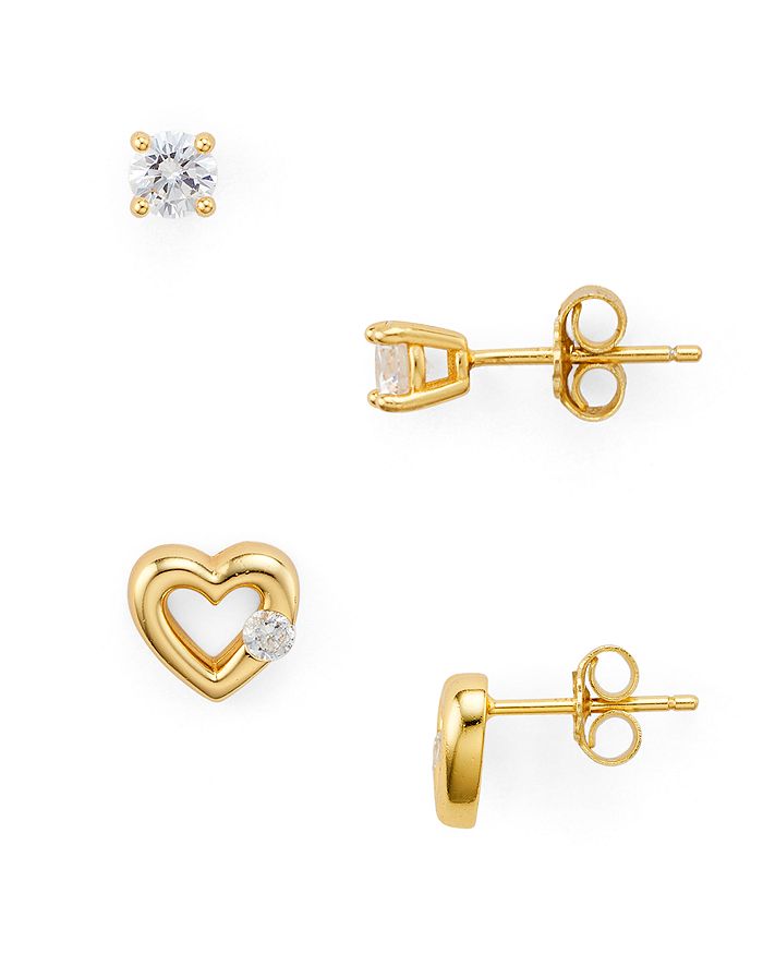 Aqua Cubic Zirconia Heart & Solitaire Stud Earrings In 18k Gold-plated Sterling Silver, Set Of 2 - 100% E