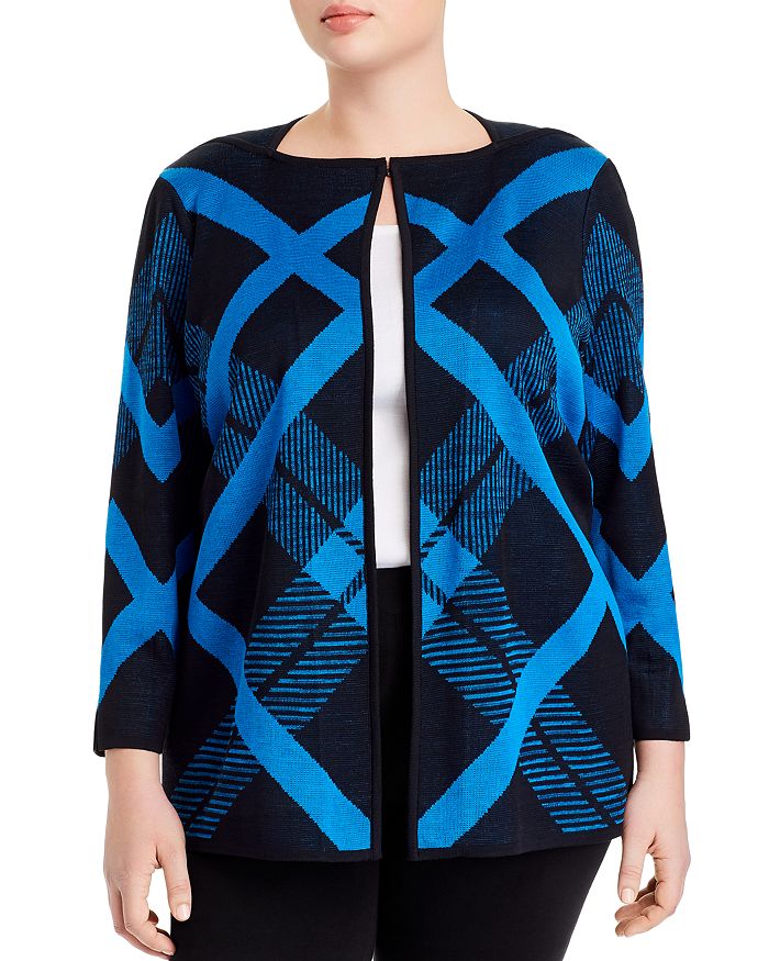 Misook Plus Diagonal Lines Knit Jacket In Black/harbor Blue