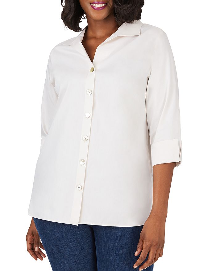 Foxcroft Plus Pandora Non-iron Cotton Tunic Shirt In Straw Hat