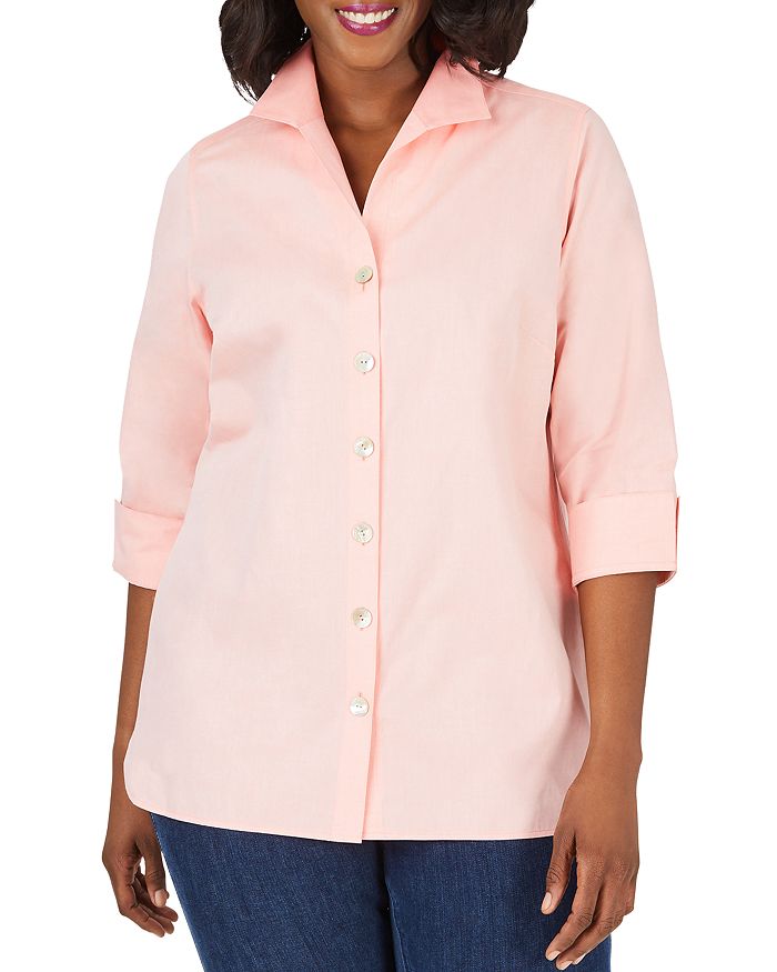 Foxcroft Plus Pandora Non-iron Cotton Tunic Shirt In Cloud Coral