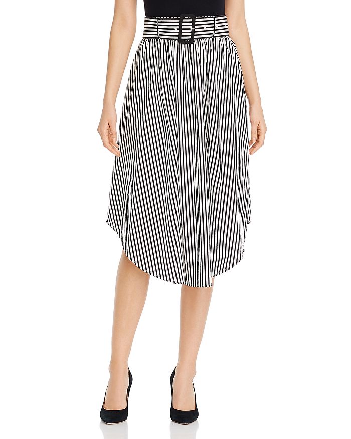 T Tahari Belted Striped Midi Skirt In White/black