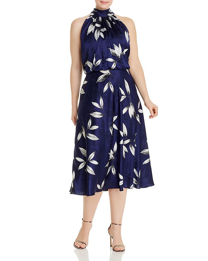 Adrianna Papell Plus Printed Mock Neck Dress In Navy/ivory