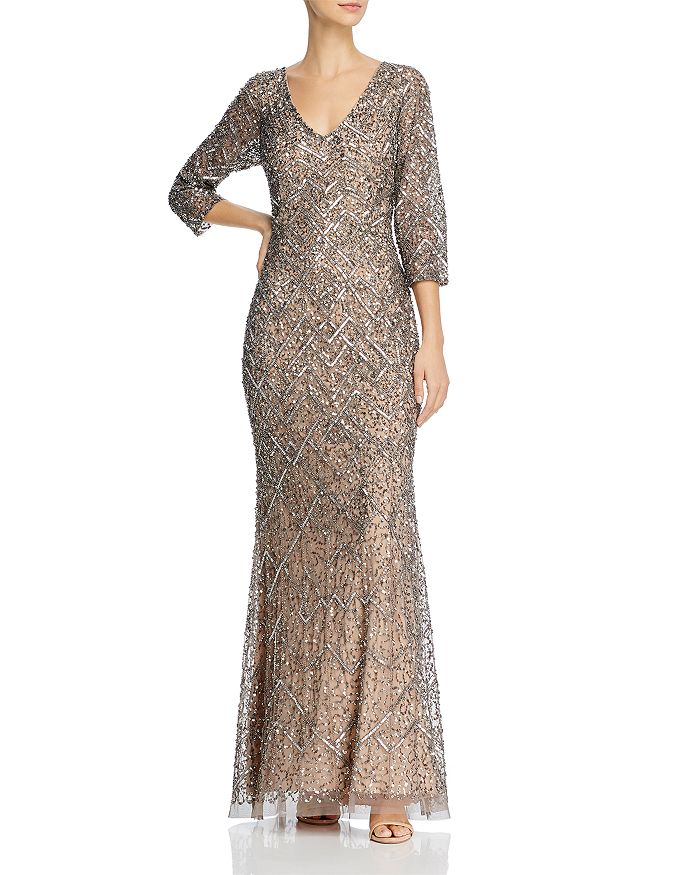 Adrianna Papell Beaded Gown In Mercury/nude