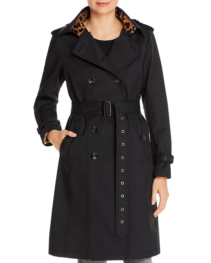 Jane Post Leopard Trim Belted Trench Coat In Black