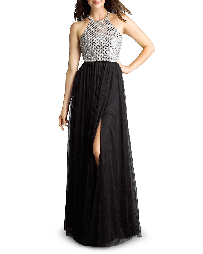 Basix Mirrored Halter Gown In Black/silver