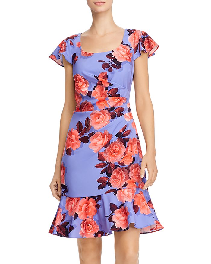 Adrianna Papell Floral Print Flounce Hem Dress In Periwinkle/coral