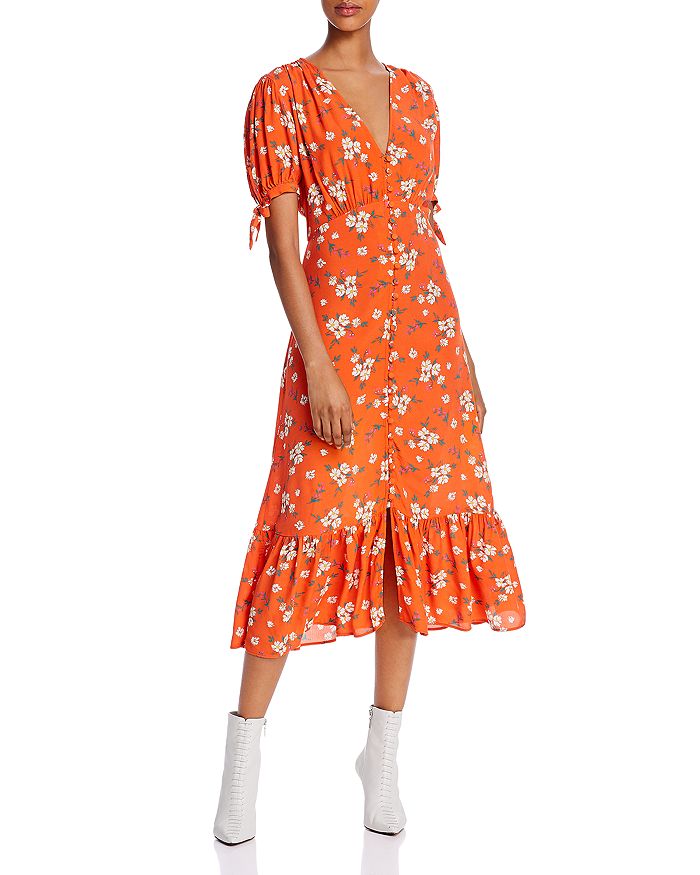 Ghost London Maddy Floral Print Midi Dress In Red