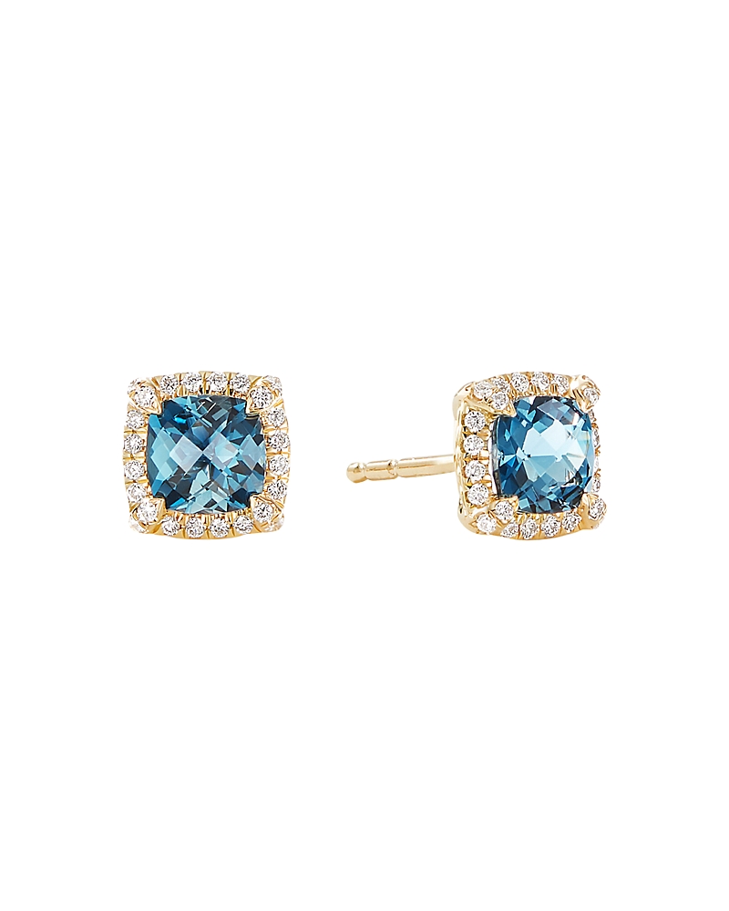 David Yurman Petite Chatelaine Pave Bezel Stud Earrings in 18K Yellow Gold with Hampton Blue Topaz and Diamonds, 5mm