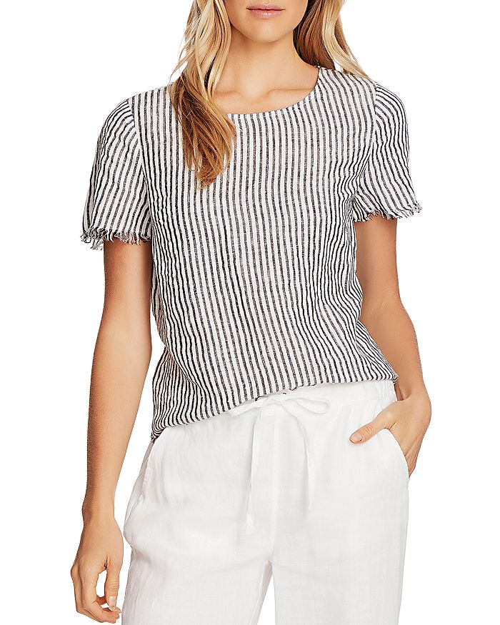 VINCE CAMUTO FRAYED-EDGE STRIPED LINEN SHIRT,9099080