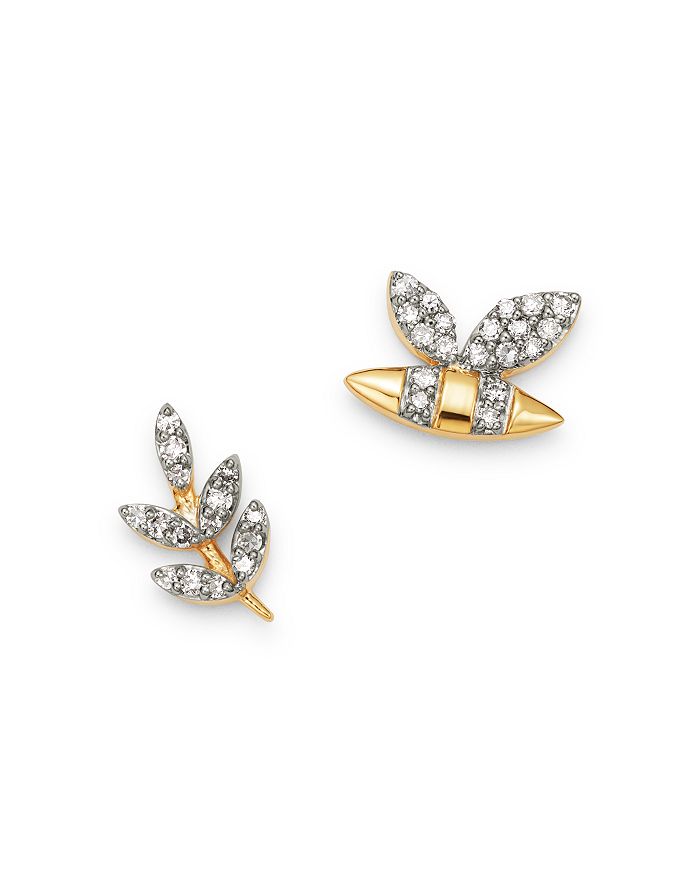 Adina Reyter 14k Yellow Gold Garden Diamond Pave Bee & Leaf Mismatch Stud Earrings - 100% Exclusive In White/gold
