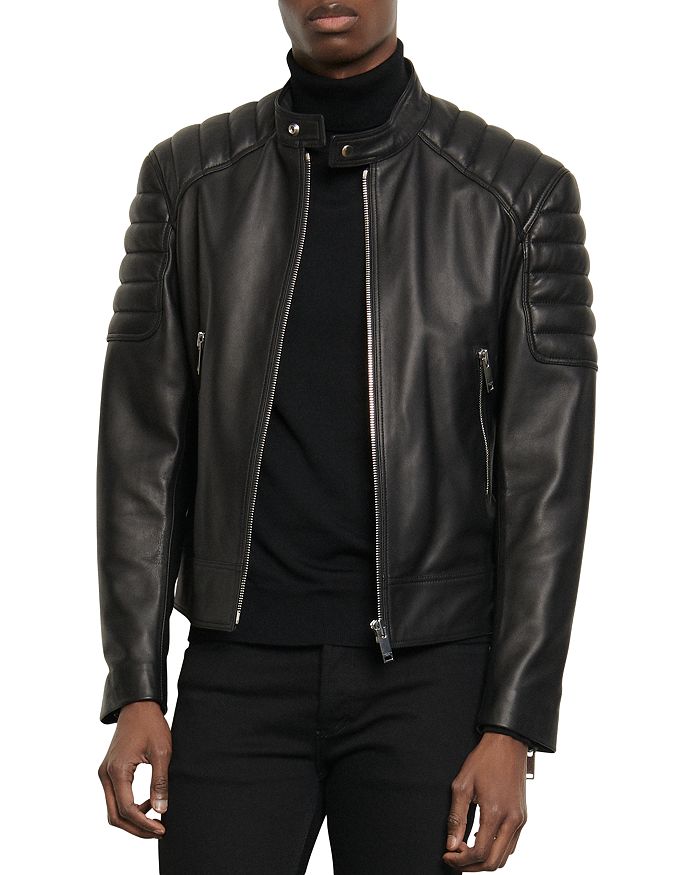 Shop Sandro Biker Leather Jacket In Black