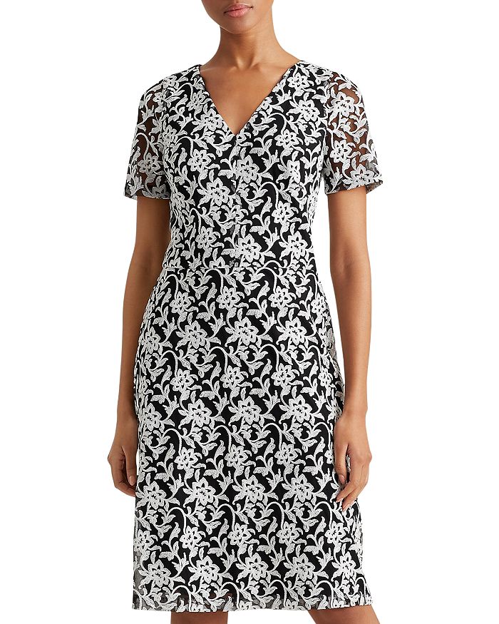 Ralph Lauren Lauren  Floral Embroidered Dress In Black/white
