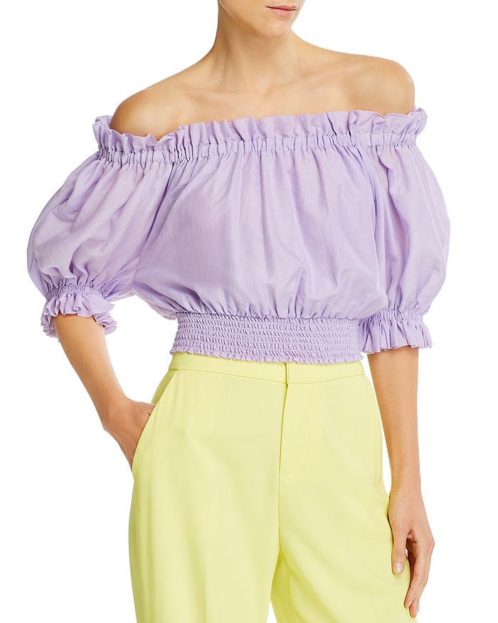 ALICE AND OLIVIA ALICE + OLIVIA CAPRINA OFF-THE-SHOULDER SMOCKED TOP (61% OFF) COMPARABLE VALUE $330,CC004Q46031