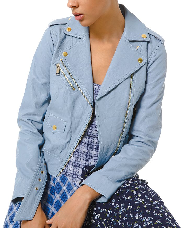 Michael Michael Kors Textured Leather Moto Jacket In Chambray