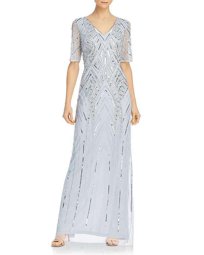 Adrianna Papell Beaded Elbow-sleeve Gown In Glacier
