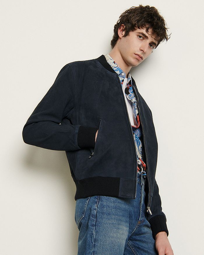 Sandro Monaco Suede Slim Fit Bomber Jacket In Marine | ModeSens