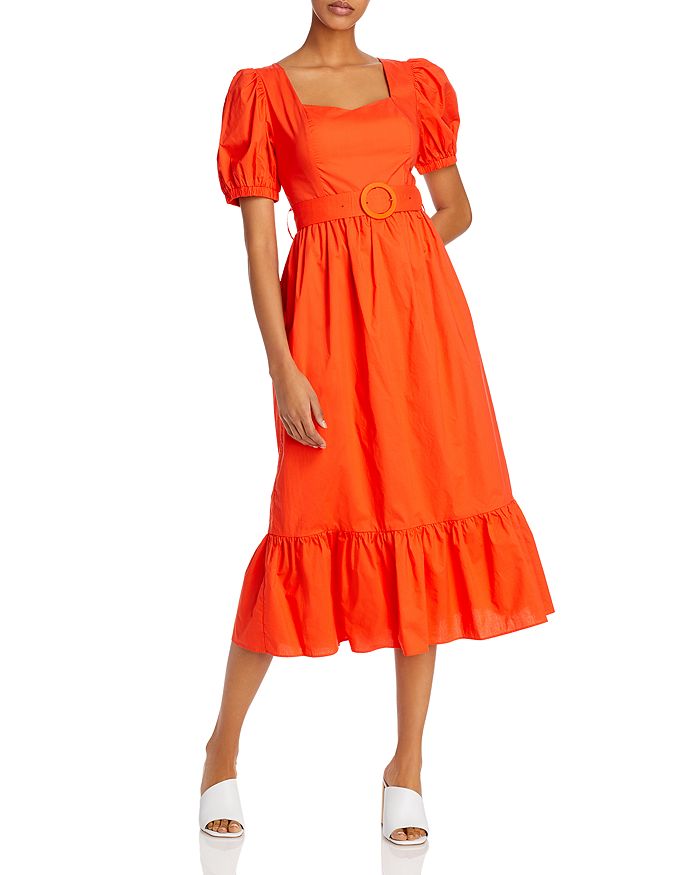 Endless Rose Belted Puff-sleeve Midi Dress In Orange