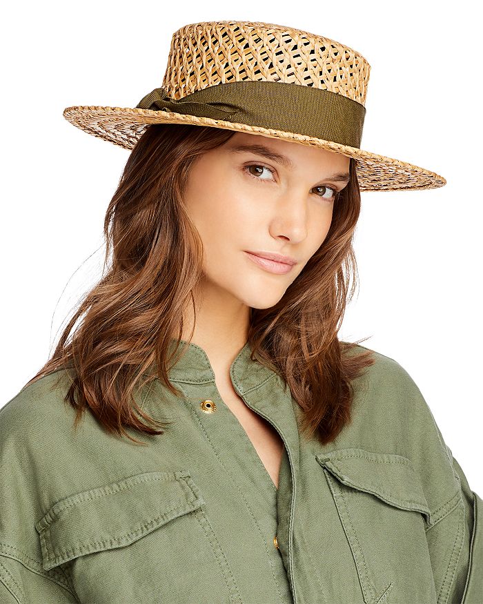 Aqua Open Weave Straw Boater Hat In Natural Olive