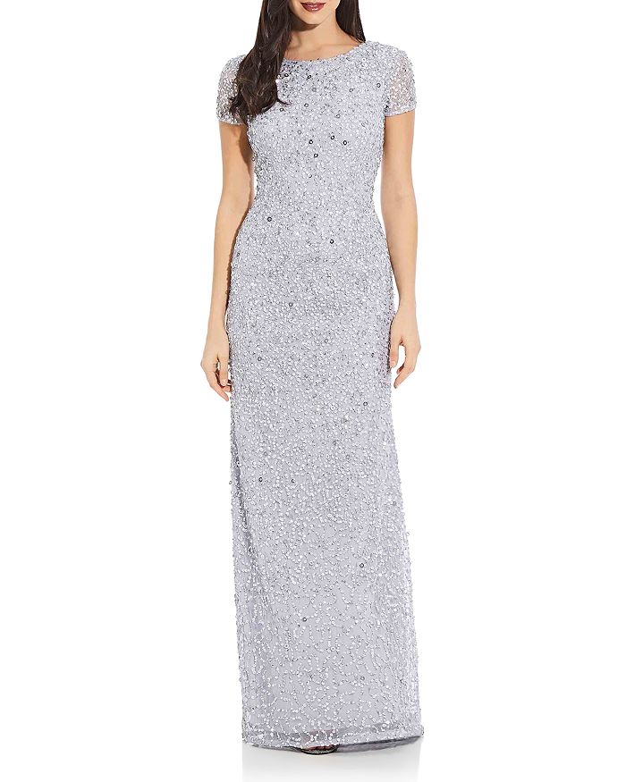 Adrianna Papell Sequined Scoop-back Gown In Glacier