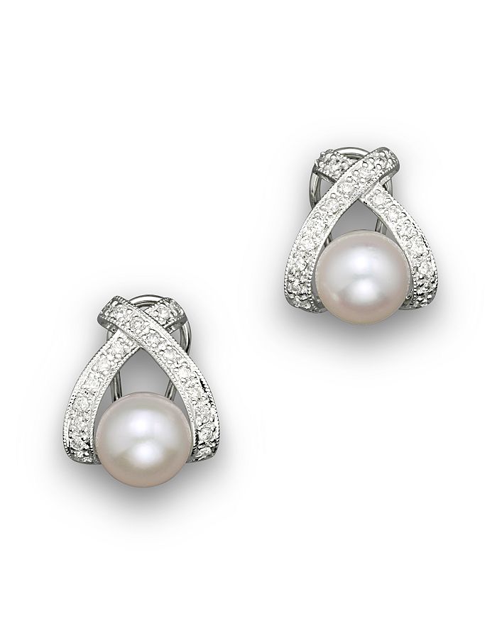 Bloomingdale's Cultured Pearl X Earrings With Diamonds, 7mm In White