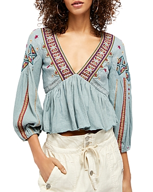 Free People Aria Embroidered Top In Lagoon Combo