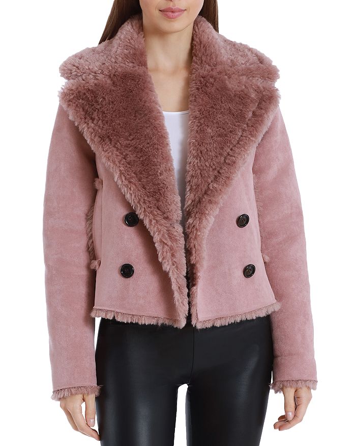 Avec Les Filles Double Breasted Faux Shearling Coat In Rose Taupe