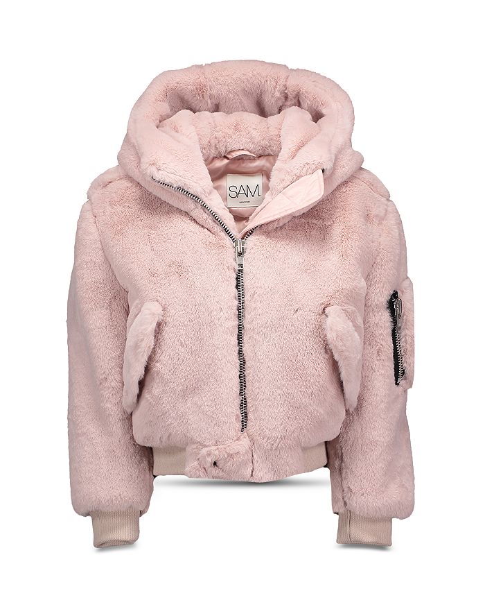 Sam Girls' Hooded Faux Fur Bomber Jacket - Little Kid In Pink