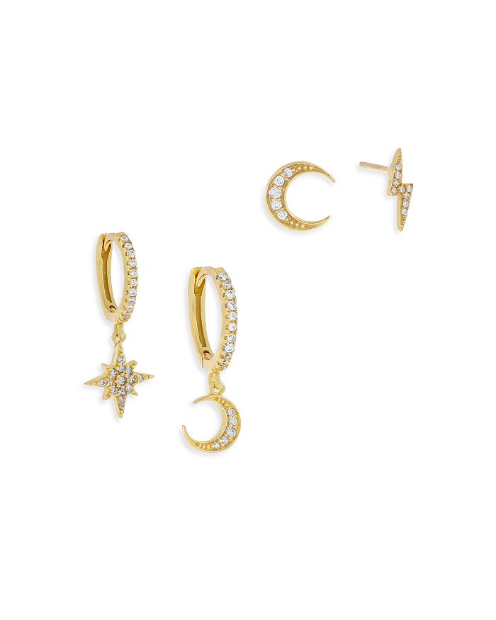 Adinas Jewels Adina's Jewels Pave Celestial Mismatch Earrings, Set Of 4 In Gold