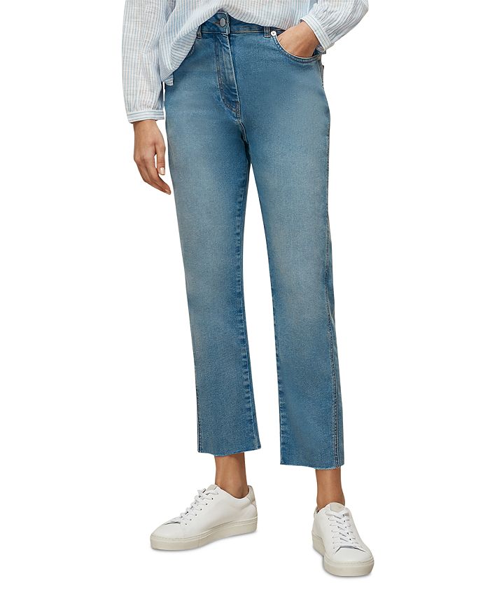 Bloomingdales Women Clothing Jeans Straight Jeans Frayed Hem Straight Leg Jeans in Blue 