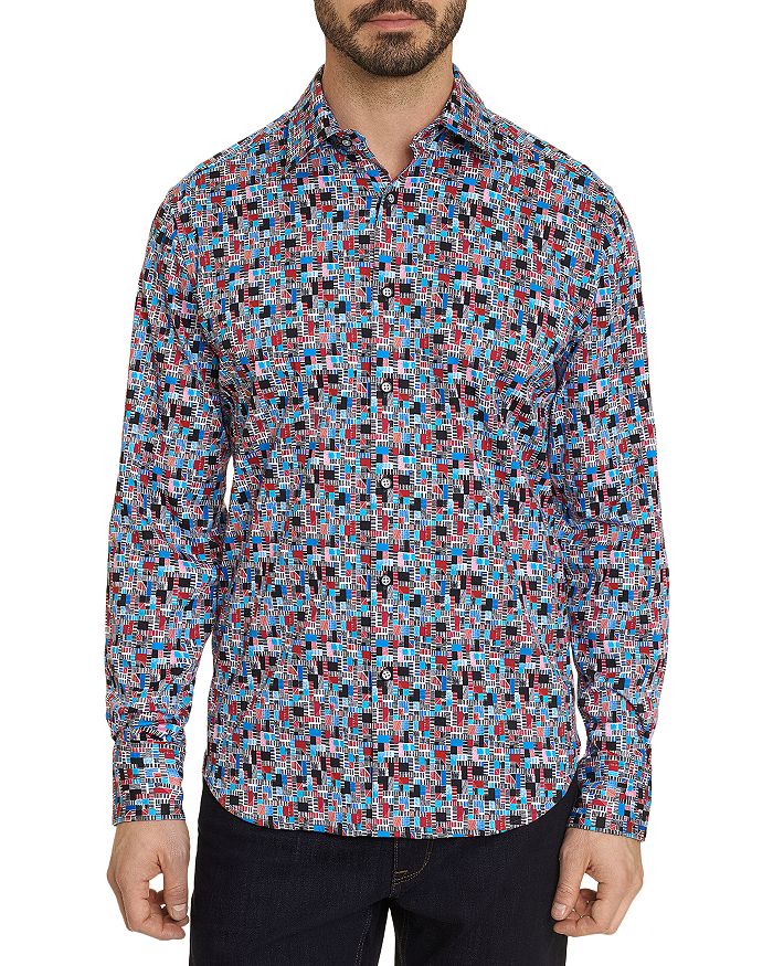 ROBERT GRAHAM FRANCESCO COTTON STRETCH CUBIST GRID PRINTED CLASSIC FIT BUTTON UP SHIRT RF201074CF