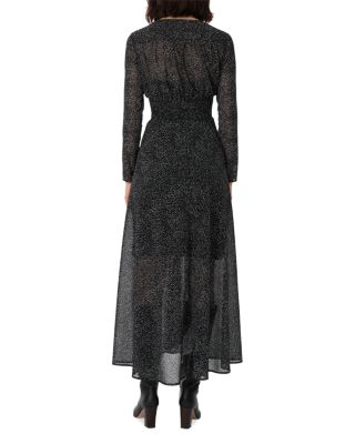 black high neck asymmetric embroidered trim maxi dress