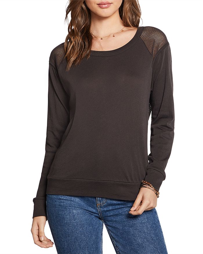 CHASER COTTON SHEER MESH LONG SLEEVE TOP,CW8410-VBLK