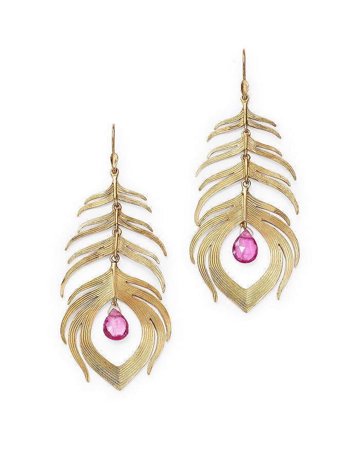 Annette Ferdinandsen Design 14k Yellow Gold Rubelite Bead Peacock Drop Earrings In Pink