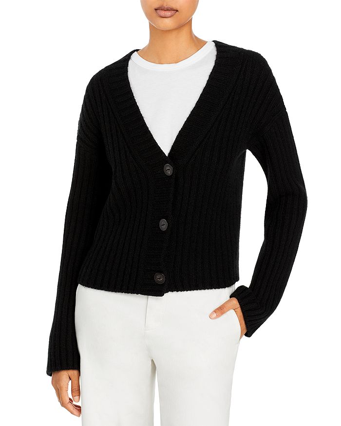 Vince Cropped Ribbed Wool And Cashmere-blend Cardigan In Black
