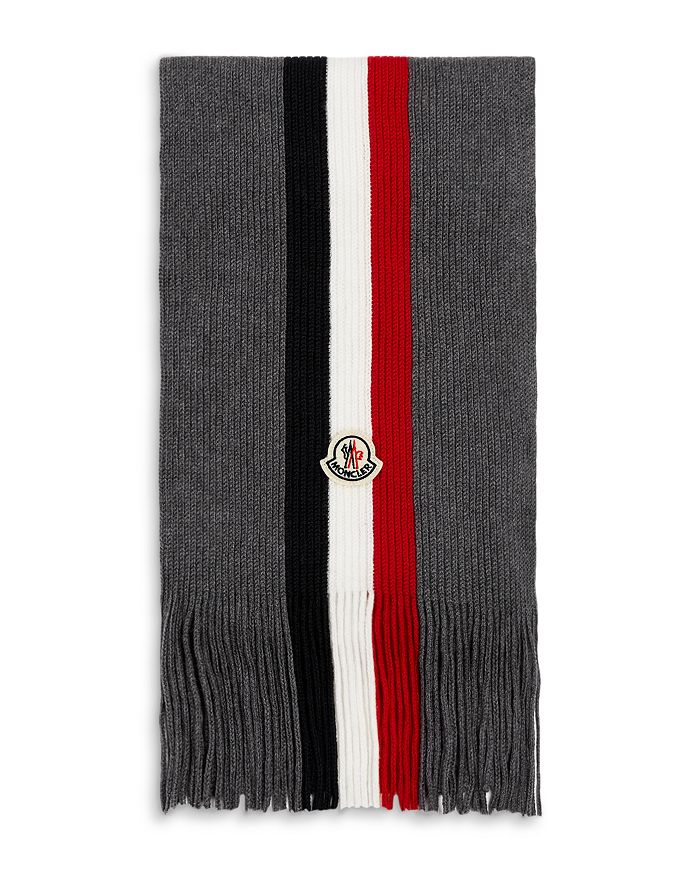 Moncler Stripe Logo Knit Scarf In Charcoal