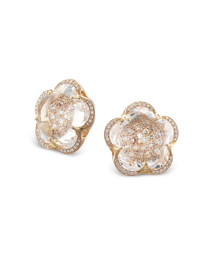 PASQUALE BRUNI 18K ROSE GOLD BON TON ROCK CRYSTAL AND WHITE & CHAMPAGNE DIAMOND FLOWER STUD EARRINGS,16110R