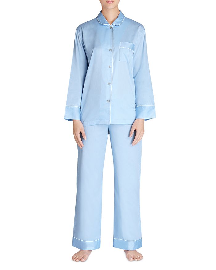 Natori Cotton Satin Notch Pajama Set In Blue
