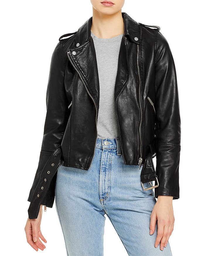 AQUA Belted Cropped Leather Moto Jacket - 100% Exclusive | Bloomingdale's