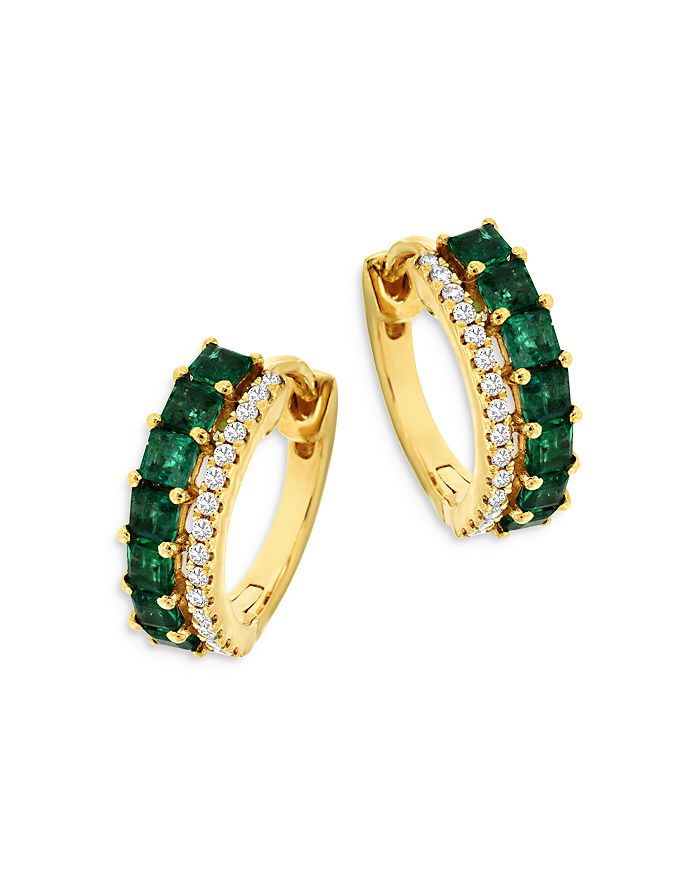 Bloomingdale's Emerald & Diamond Huggie Hoop Earrings In 14k Yellow Gold - 100% Exclusive In Green/gold