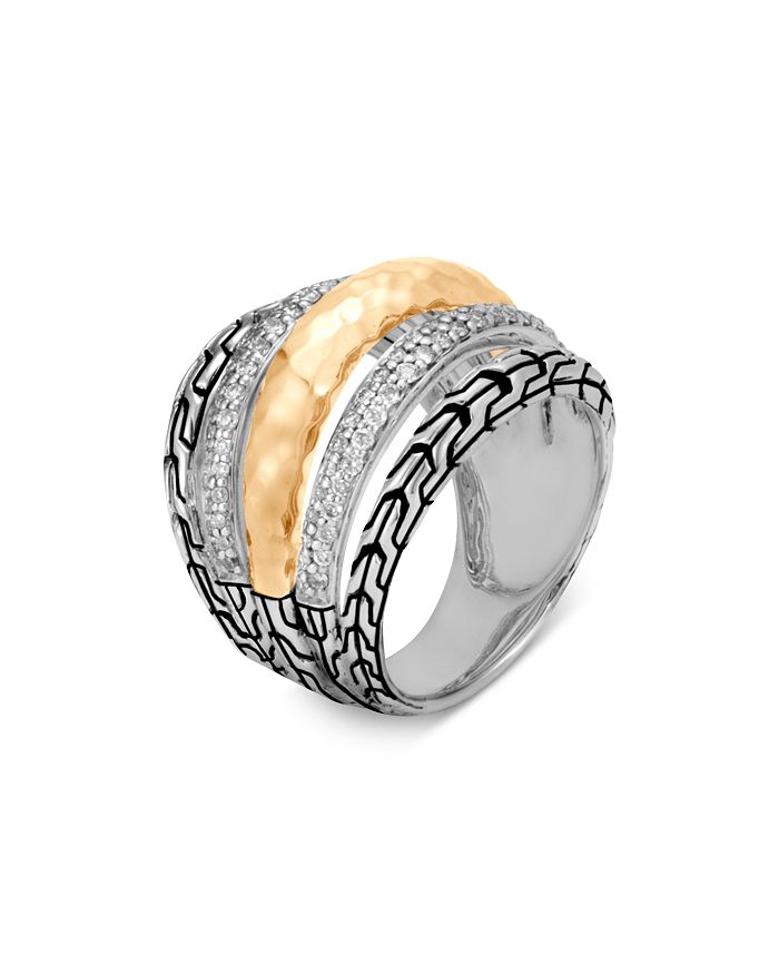 JOHN HARDY STERLING SILVER & 18K YELLOW GOLD CLASSIC CHAIN DIAMOND PAVE DOME RING,RZP9996992DIX6