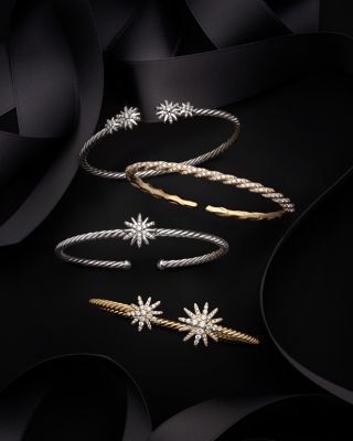 Sterling Silver Starburst Cable Bangle Bracelet with Diamonds