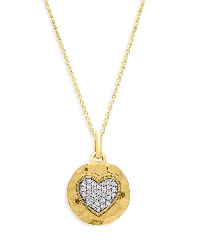 Bloomingdale's Diamond Heart Disc Pendant Necklace In Textured 14k Yellow Gold, 0.12 Ct. T.w. - 100% Exclusive In White/gold