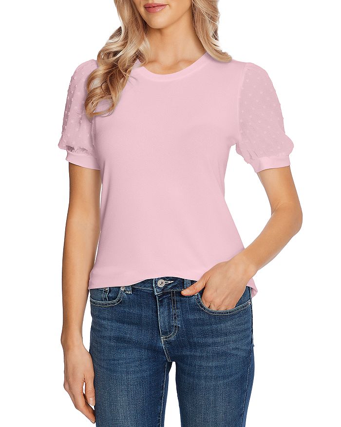 Cece Puff Sleeve Mixed Media Top In Pink Begonia