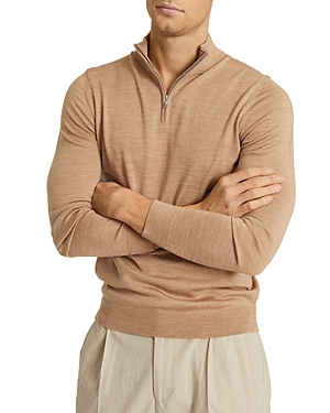 Reiss Blackhall Long Sleeve Merino Funnel Neck Half Zip Sweater In Camel