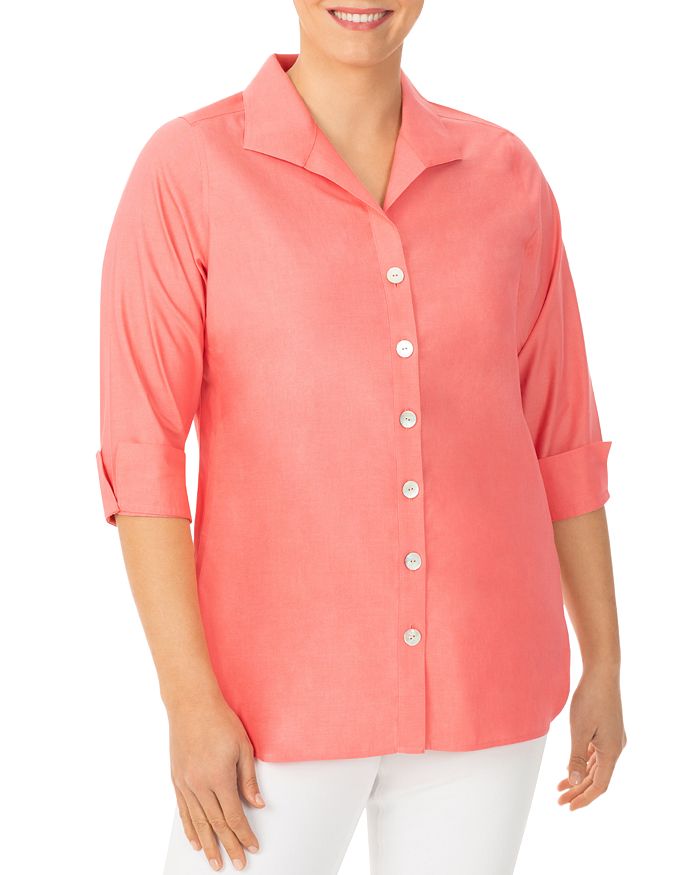 Foxcroft Plus Pandora Non-iron Cotton Tunic Shirt In Coral Spice