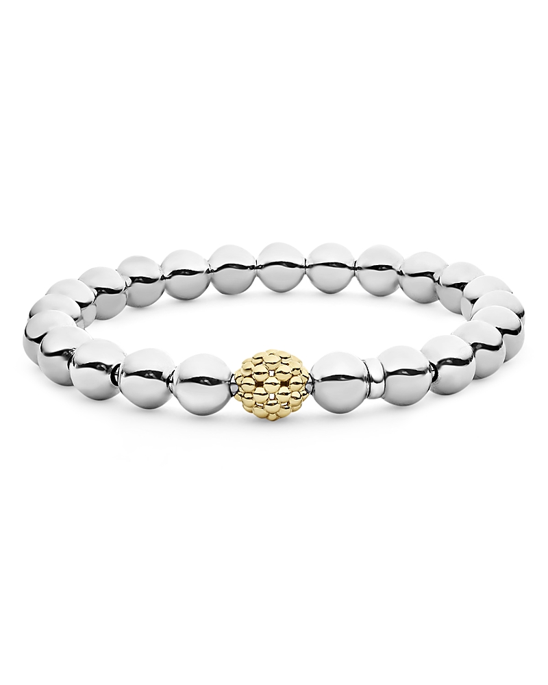Lagos Sterling Silver & 18k Yellow Gold Signature Caviar Stretch Bracelet, 6 In Silver