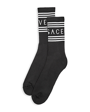 Versace Black Cotton Socks With Logo Man In Black
