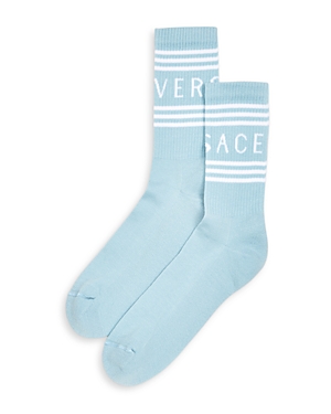 Versace Logo Cotton Blend Crew Socks In Baby Blue