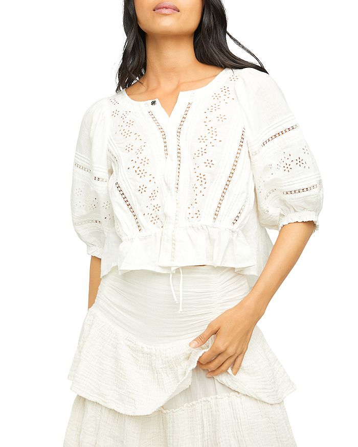 Free People Daisy Chains Puffed-sleeves Cotton Top In Ivory | ModeSens