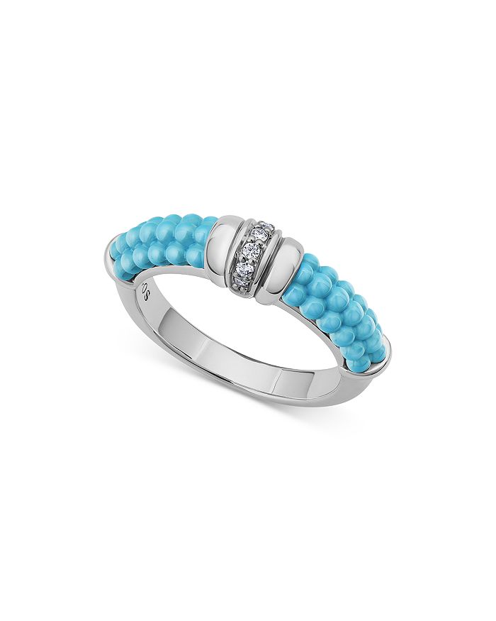 Shop Lagos Sterling Silver Blue Caviar & Diamond Stack Ring In Blue/silver